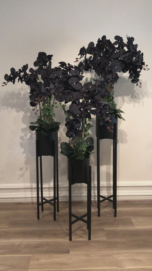 Spanish Silk Faux Black Orchid Arrangement with Matte Black Stand