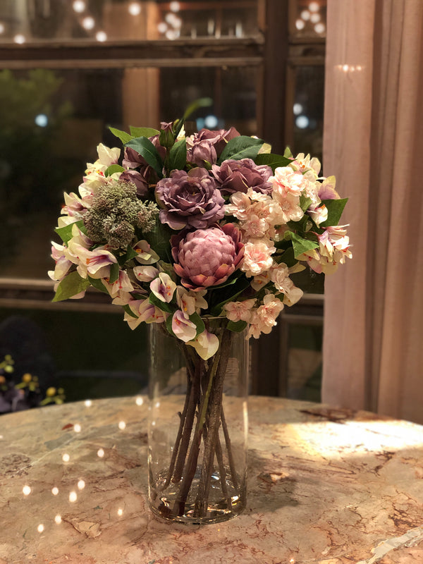 Silk Faux Royal Mauve Flower Arrangement in Gel