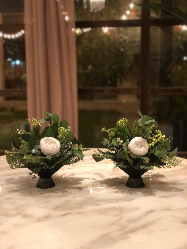 Silk Faux Myrtle Flower Arrangement in Black Glass Stand