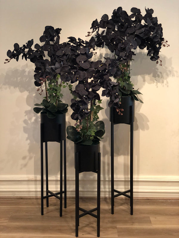 Spanish Silk Faux Black Orchid Arrangement with Matte Black Stand