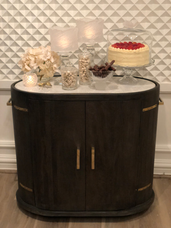 Ash Wood Serving Trolley with Exotic Italian Marble Top & Classic Crystal Pieces Set