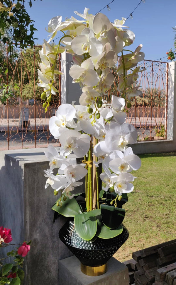 Silk Faux Orchid Arrangement with Royal Blue Vase