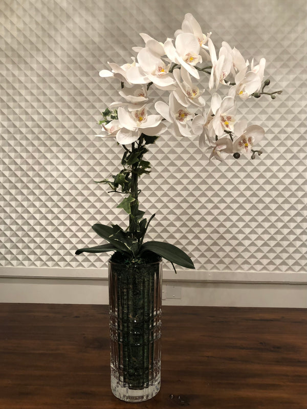 Silk Faux White Orchids Arrangement in Cylinder Vase