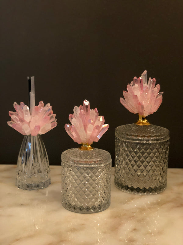 Jars and Diffuser Set with Pink/White Rock Crystal Handles Set