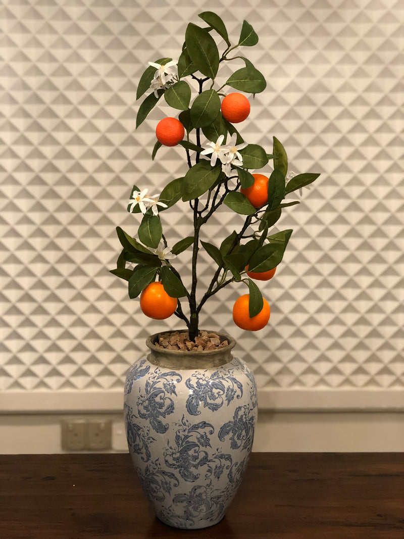 Faux Artificial Orange Tree with Vintage Spanish Porcelain Vase