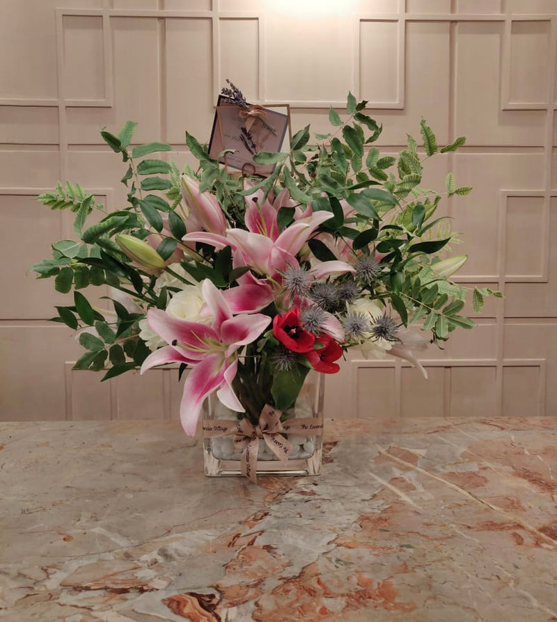 Fresh Flowers Arrangement in Square Vase