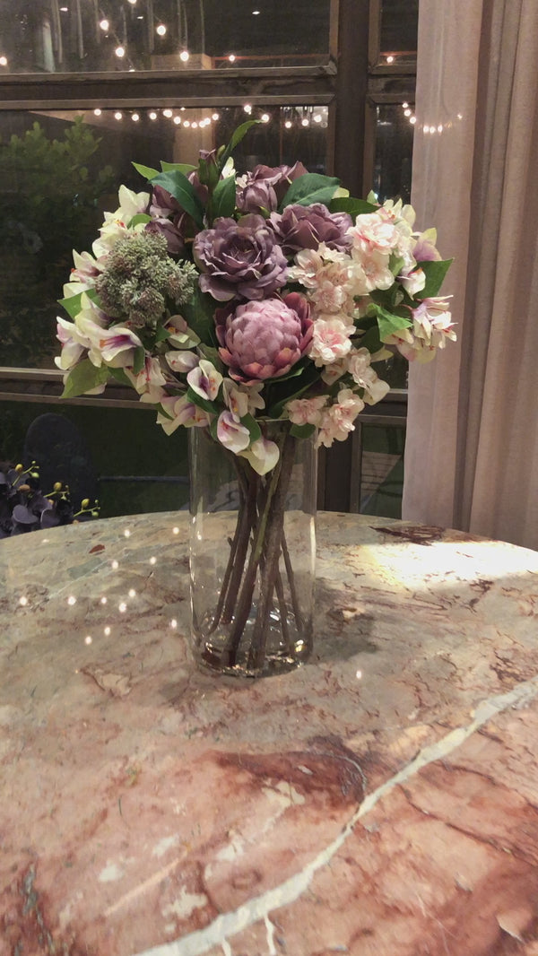 Silk Faux Royal Mauve Flower Arrangement in Gel